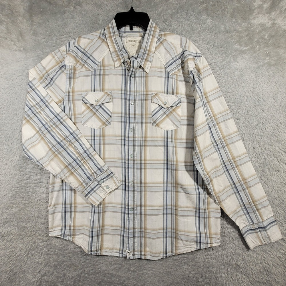 Aeropostale Western Shirt Mens XL White Plaid Pearl Snap Long Sleeve Cotton